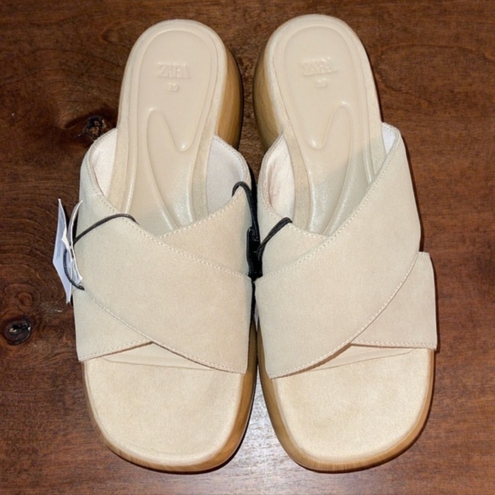 Zara Platform Tan Air Fit Cow Leather Upper Sandal Clogs Sz. 8 - Picture 9 of 15